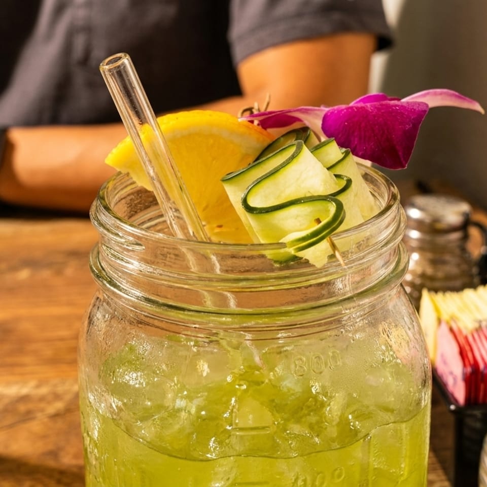 A green drink in a mason jar with lemon, cucumber, and an orchid on a wooden table.